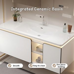 Mueble <span class=keywords><strong>de</strong></span> Baño Blanco Estilo Crema, Montado en la Pared, <span class=keywords><strong>con</strong></span> Múltiples Espacios <span class=keywords><strong>de</strong></span> Almacenamiento, Lavabo <span class=keywords><strong>de</strong></span> Cerámica Integrado, Espejo LED Inteligente Antivaho - Product Image 4