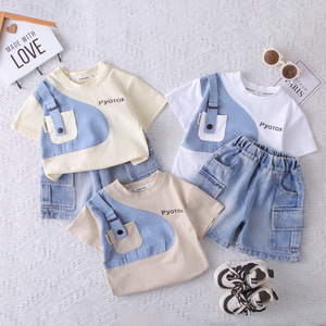 <span class=keywords><strong>Abbigliamento</strong></span> per Bambini, Set Estivo Trendy in Cotone per Ragazzini, Due Pezzi con Pantaloncini in Denim, Vendita all'Ingrosso - Product Image 1