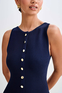 Bouton revers coupe ajustée tricoté femmes sans manches bouton O cou pull robe bouton côtes mince Ribeed élégant Maxi robe 2905 - Product Image 4