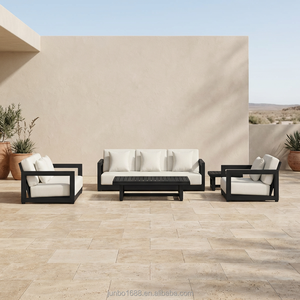 Ensemble de canapés d'extérieur moderne, structure en aluminium noir, coussins beiges, mobilier de patio, ensemble de conversation pour <span class=keywords><strong>jardin</strong></span>, résistant aux intempéries, style resort - Product Image 4