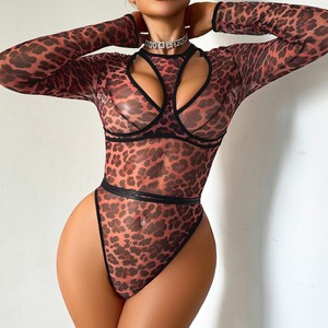 Body femme à manches longues, ajouré, motif léopard, design spécial, coupe haute, lingerie transparente - Product Image 4
