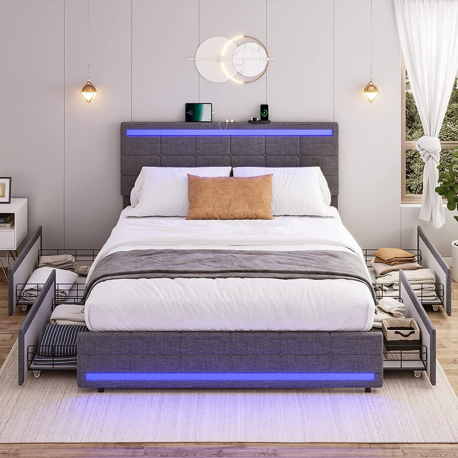 Kainice Smart Home Möbel und Schlafzimmer Set Betten Basis mit Kopfteilen Licht Schlafzimmer möbel Doppelbett