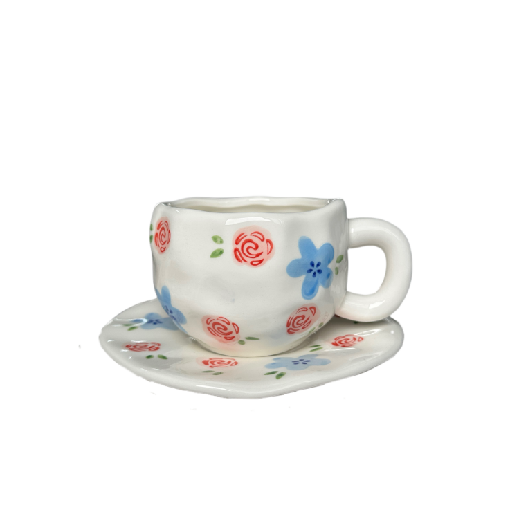 Tasse bleu rouge rose 300ml, plat 16cm