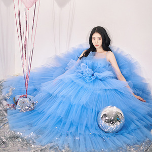 Blue Off Shoulder Tulle Long Skirt Performance Wear For Women Stage Dress Princess Petticoat Style - Product Image 2