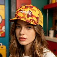Casquette Trucker personnalisée à 5 panneaux non structurée en mousse camouflage avec dos en maille et corde, broderie personnalisée, casquette de sport à fermeture snapback avec motif à pois