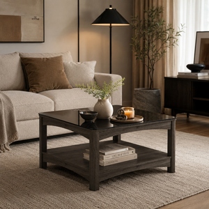 Table basse carrée moderne en verre noir avec cadre en bois et étagère de rangement ouverte - Product Image 3