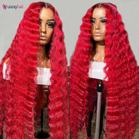 Perruques 360 Full Lace en Cheveux Humains, Perruque HD Lace 13x6 Ondulée Profonde Rouge, Perruque Frontale Bourgogne Bouclée Effet Mouillé pour Femmes 30-40 Pouces