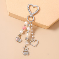 Porte-clés Cœur Mignon avec Perles, Breloque Ourson et Cerise, Pendentif de Sac, Anneau de Clés Or et Argent, Accessoire de Mode pour Femme, Cadeau