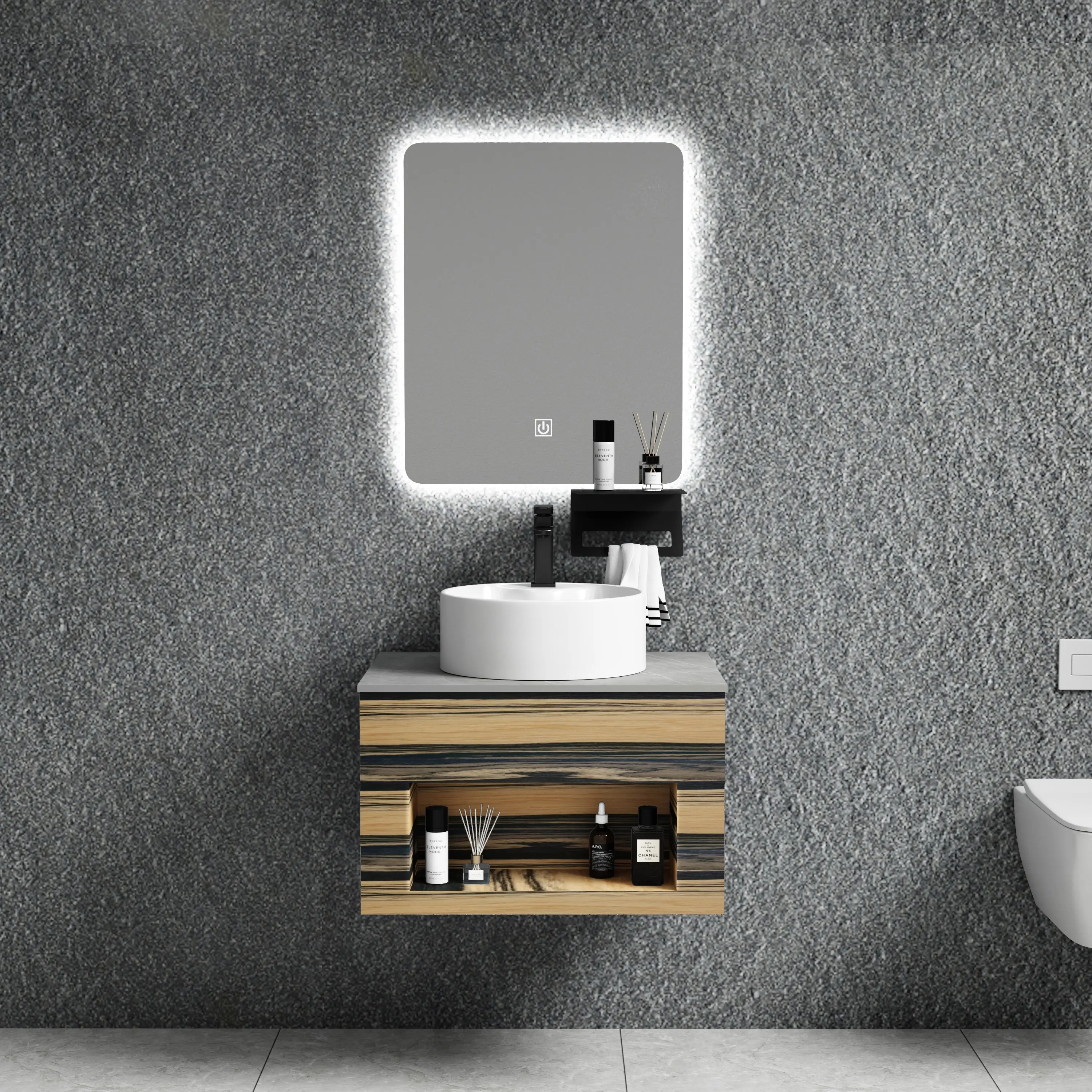 Fashion decor tops zinc alloy stainless steel bathroom vanity cabinet led mirror for hotel