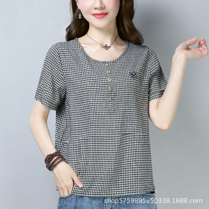 Women's Short Sleeve Plaid T-Shirt Red And Black Cotton Poplin Button Front Everyday Wear - Product Image 4