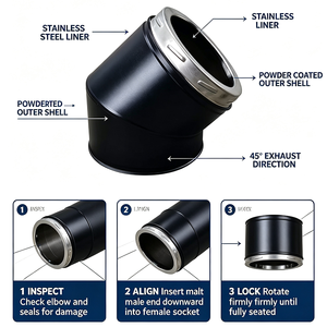 Coude de cheminée à double paroi isolé à 45 degrés, connecteur de tuyau de poêle, coude de cheminée thermolaqué noir pour poêle à <span class=keywords><strong>bois</strong></span> - Product Image 6