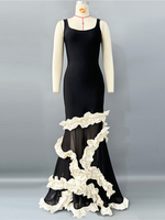 Robe longue élégante noire pour femme, taille empire, sans manches, à fleurs blanches, coupe trapèze, idéale pour les soirées – Grande Vente, Qualité Supérieure