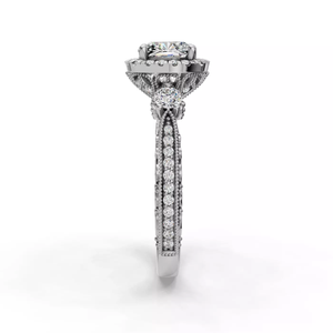 Anillo de compromiso de oro blanco de 14K con diamante cultivado en laboratorio de corte cojín, detalles intrincados de filigrana, piedra lateral y elegante halo, joyería IGI - Product Image 4