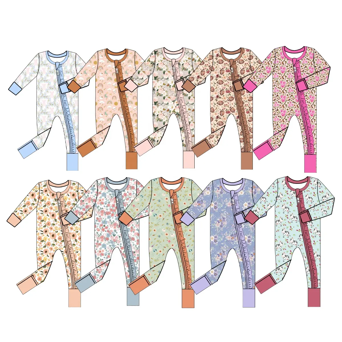Custom Kids Bamboo Pajamas Floral Print Newborn Baby Girl Zippy 2 Ways 1 Pc Pjs Bamboo Cotton Ruffle Fold Over Cover Romper