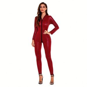 Kadınlar için sıcak siyah kırmızı <span class=keywords><strong>PVC</strong></span> <span class=keywords><strong>Catsuit</strong></span> seksi tek parça tulum fermuar kasık moda deri örgü Bodysuit artı boyutu şişme - Product Image 2