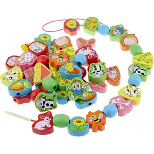 Dieren Fruit Kralen Houten Blokken Bijpassende Speelgoed Amblyopie Training Kleuters Baby Carton Montessori Touw Spel