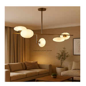 Lustre Sputnik de style mid-century premium à 5 lumières, en laiton brut avec globes en verre, luminaire suspendu rétro pour salle à manger, éclairage d'intérieur - Product Image 1