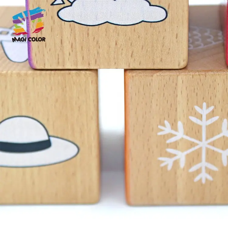 Education Wooden Blocks Kids Early Educational Wooden Cube Building Block Set With Cartoon Pattern W13A287