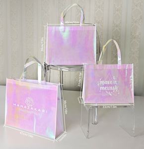 Tas hadiah Natal dapat dipakai ulang merah muda Laser berkilau warna-warni Tote belanja tanpa anyaman holografik ukuran besar kustom dengan Logo - Product Image 2