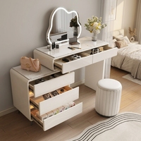Coiffeuse moderne minimaliste blanche laquée avec miroir LED en forme de nuage et chaise en acrylique – Ensemble de coiffeuse pour chambre à coucher