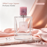 Flacon pulvérisateur carré en verre transparent de 100 ml avec col serti de 15 mm, atomiseur de parfum vide, bouchon rose marbré, boîte personnalisable avec logo