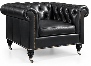Sillón Chesterfield de Cuero Genuino Negro, Diseño Moderno de Mediados de Siglo, Tapicería Acolchada con Botones Profundos, Brazos Enrollados, Clásico con Remaches - Product Image 2