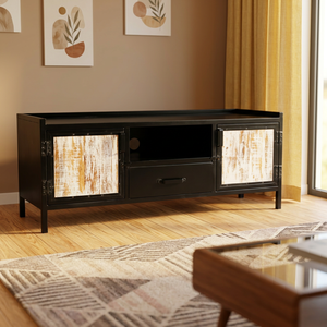 Mueble de TV Moderno de Metal, Mueble para Televisor, Unidad de Entretenimiento Hecha a Mano para el Hogar, Habitación de Hotel, Mueble de TV con 1 Cajón y Estante con Puerta de Madera - Product Image 1