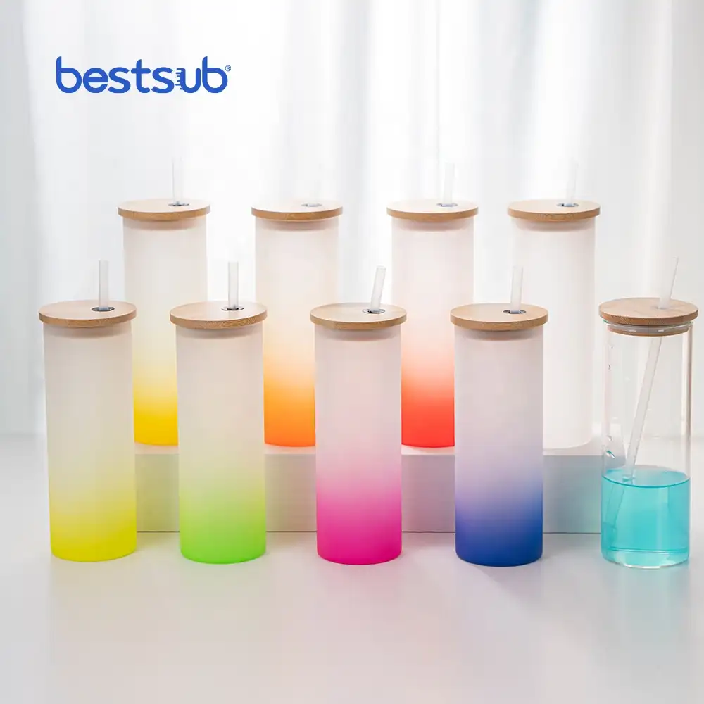 Bestsub Wholesale Custom Sublimation Blanks Color Borosilicate Glass Tea Cup Frosted Gradient Drinking Water Glass Tumbler Mug