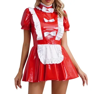 Cosplay French Maid Costume Uniform Leather sexy female party stage dress uniform dress S-4XL