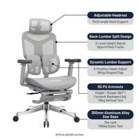 Kursi Kerja Eksekutif Modern Ergonomis Berbahan Mesh dengan Sandaran Kaki, Penyangga Pinggang Dinamis Wing-Flap, Sandaran Tangan 5D, dan Alas Aluminium