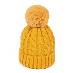 หมวกบีนนี่ขนสัตว์ปอมปอมปอม,หมวกถักสำหรับฤดูหนาวหมวกปอมขนกระต่ายหมวกแบบอุ่นหู