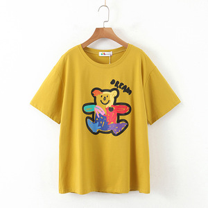 Camiseta de verano para mujer Happy Hut, talla grande, color amarillo mostaza, estampado de oso de dibujos animados, corte holgado, cuello redondo, camiseta transpirable N7603 - Product Image 3