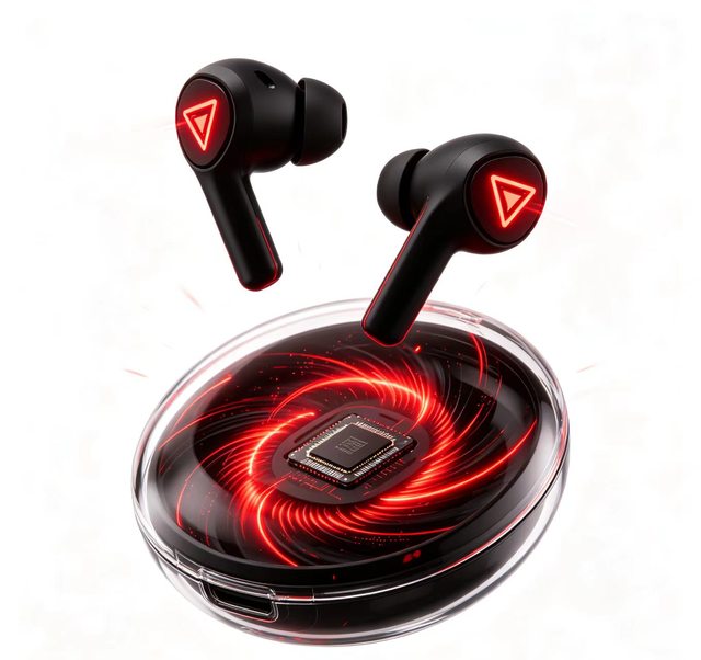 Black Wireless Earbuds, Round Transparent Charging Case with Swirl Red Circuit Neon Light