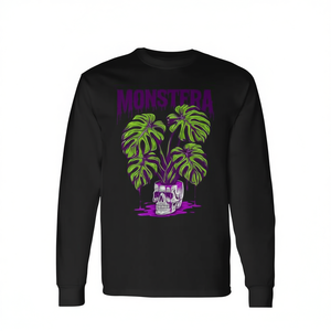 T-shirt à manches longues Monstera Skull Pot, motif végétal, col rond noir - Product Image 2