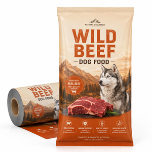 Pellicola Personalizzata per Imballaggio Cibo per Cani, Rotolo Laminato Flessibile con Design a Tema Manzo per Confezionamento Automatico - Product Image 1