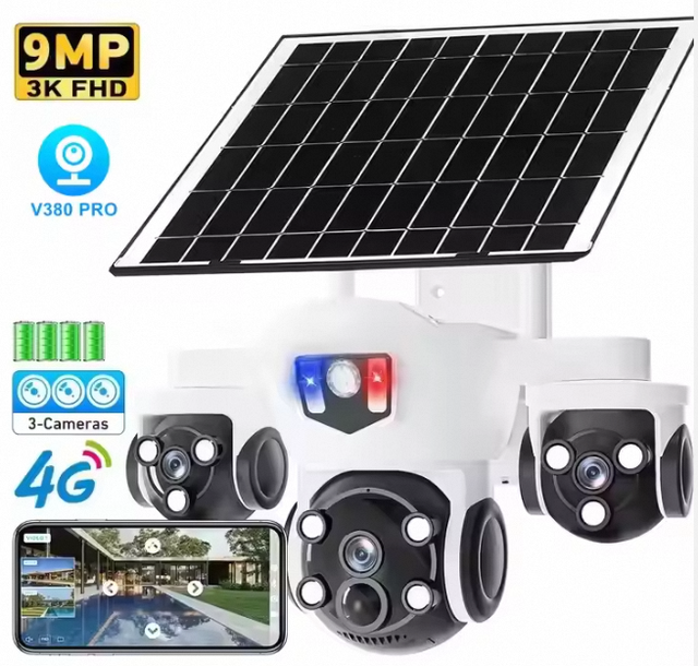 V380pro 3-lens Outdoor Wifi Security CCTV Camera with Night Vision CMOS Sensor and 4G Sim Card Solar Panel Surveillance System
