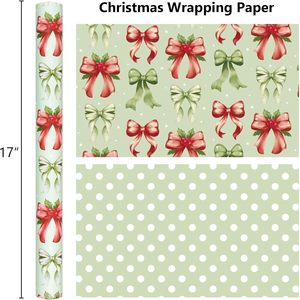 Christmas <b>Wrapping</b> <b>Paper</b> Reversible Green Red Bow Design 17 In X 32.8 Ft Gift Craft Use Recyclable - Product Image 4