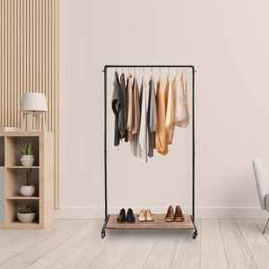 Porte-vêtements métallique Parisloft avec étagère en bois, style industriel, roulettes verrouillables, un seul niveau - Product Image 3