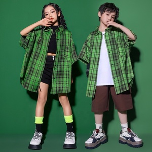 Tenues de rue pour enfants, vêtements hip-hop pour adolescents, chemise à carreaux verte surdimensionnée, shorts cargo pour fille et garçon, <span class=keywords><strong>costume</strong></span> de danse jazz - Product Image 1
