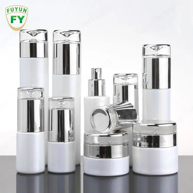 Fuyun Luxury Cosmetic Containers Emulsion Face Cream Jar White Glass Lotion Bottle Skincare Glass Spray Bottle with Silver Pump