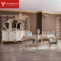 Ensemble de table à manger moderne de luxe avec plateau en marbre, 4 chaises rembourrées en tissu, structure en bois blanc, bois massif, assemblage requis, Elephant