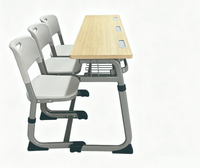 Ensemble de bureau et chaise d'école avec plateau en bois, table d'étude double avec chaises grises, mobilier de classe à hauteur fixe