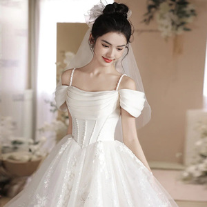 White Off Shoulder Wedding Dress Sweetheart Neckline Empire Waistline Polyester Evening <b>Gown</b> For Petite <b>Brides</b> - Product Image 3