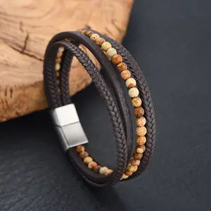 Fashion Jewelry Custom Natural Stone Silver Black Men Leather Bracelet Stainless Steel Bracelet