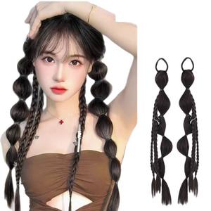 Perruques tressées pour femmes, extensions de cheveux double queue de cheval, noir et brun, résistantes à la chaleur, aspect naturel, style élégant et cool - Product Image 1