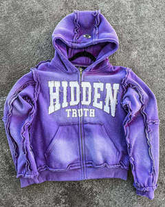 Sudadera con capucha para hombre con cremallera, bordado de apliques de moda, pedrería y lavado ácido, de alta calidad, personalizada, venta al por mayor OEM y ODM - Product Image 2