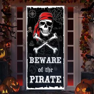 Bannière suspendue Halloween Crâne de <span class=keywords><strong>pirate</strong></span> et os croisés, « Attention au <span class=keywords><strong>pirate</strong></span> », pour porte d'entrée, décoration intérieure et extérieure, personnalisable - Product Image 1