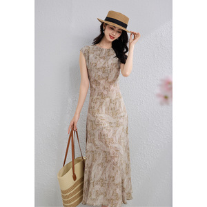 Robe longue 100% soie, col rond élégant, amincissante, luxueuse, haut de gamme pour femme, charme féminin - Product Image 1