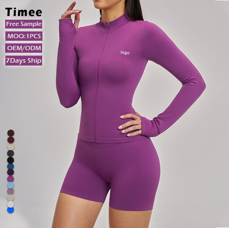 New Arrival Women Slim Fit Workout Top High Neck Full Zip up Thumb Holes Cropped Seamless Yoga Jacket
