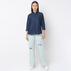 Nardon Apparel 2025 Offre Spéciale Tendance Chemise en jean Bouton Manches bleues Taille longue Chemises en jean en coton Vêtements Nardon - Product Image 3